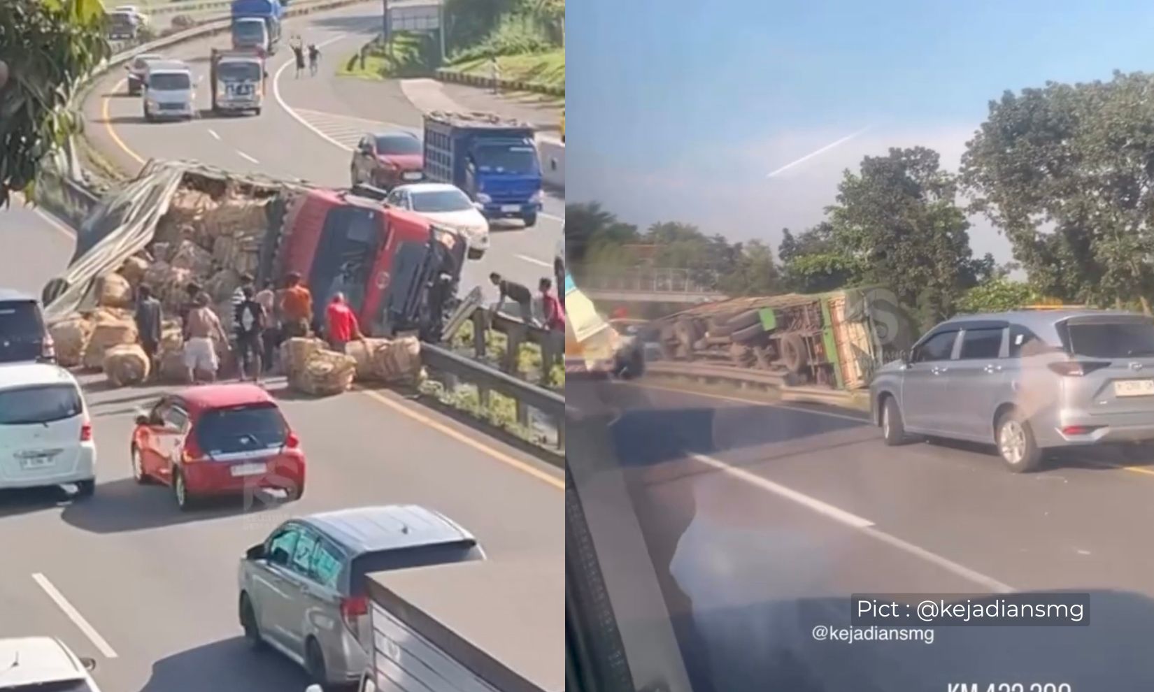 truk-muat-tembakau-terguling-di-tol-gayamsari-diduga-alami-pecah-ban-sopir-selamat